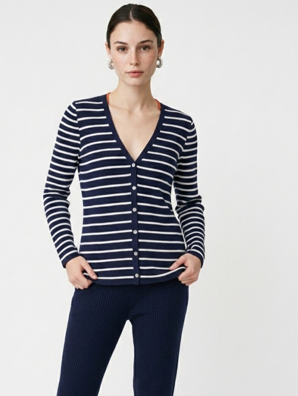 Lauren Ralph Lauren Striped Cardigan Sweater Womens 2X Blue White Cotton Blend